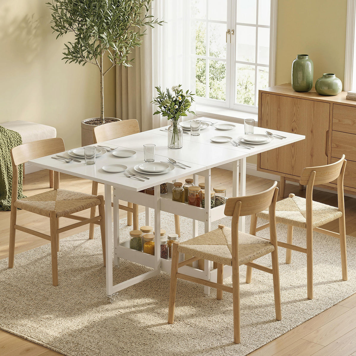 Table à manger pliante sur roulettes 4 personnes avec compartiments ouverts, pour petits espaces, salle à manger, blanc-1