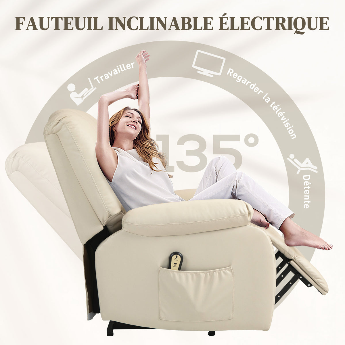 Fauteuil relax inclinable électrique releveur avec repose-pied et télécommande 86 x 92 x 102 cm Beige-4