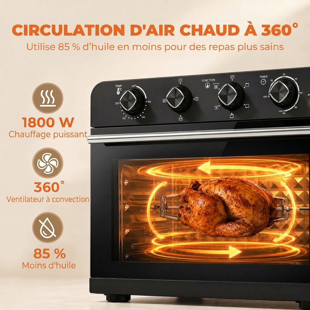 Friteuse à Air Chaud 36L, Four à Air Chaud 1800 W avec Rôtissoire, Plaque de Cuisson, Panier de Friture et Grille, Noir-5