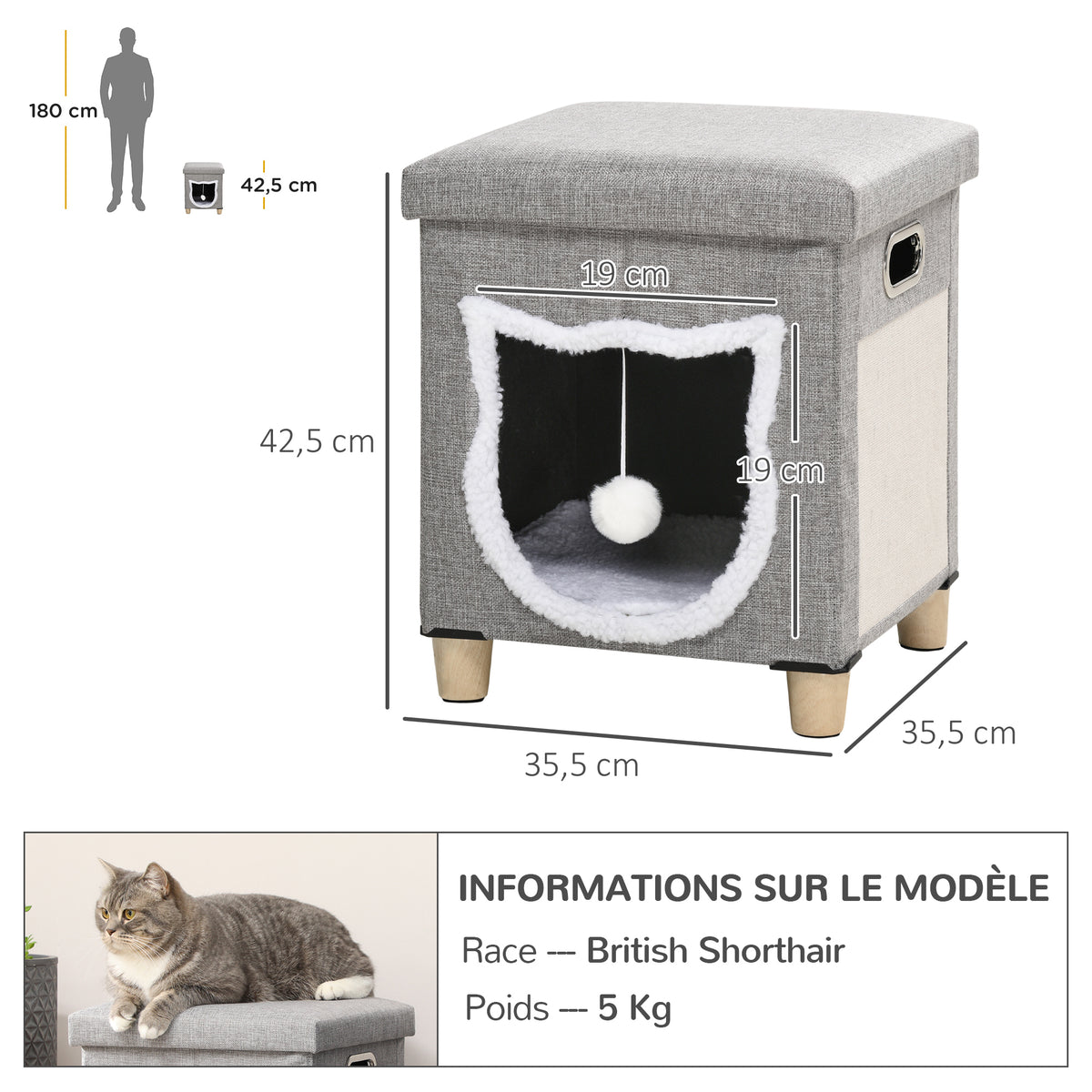 Niche chat interieur maison chat interieur 2 en 1 pied en bois coussin amovible lavable balle, 35,5x35,5x42,5cm, gris-2