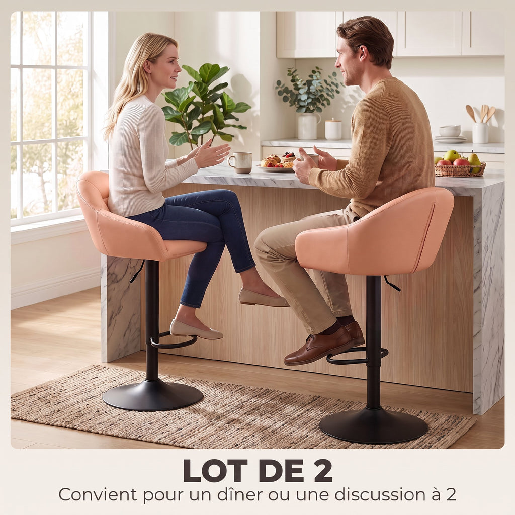 Lot de 2 Tabourets de Bar, Hauteur Réglable, Pivotant 360°, Dossier, Accoudoirs, Repose-Pieds, 49,5x48,5x108cm, Marron-3