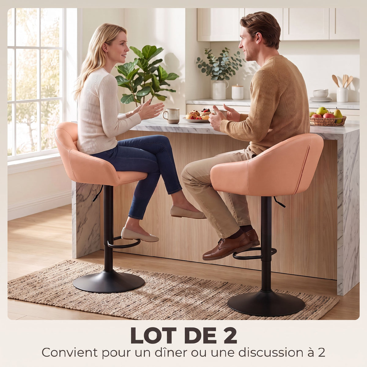 Lot de 2 Tabourets de Bar, Hauteur Réglable, Pivotant 360°, Dossier, Accoudoirs, Repose-Pieds, 49,5x48,5x108cm, Marron-3