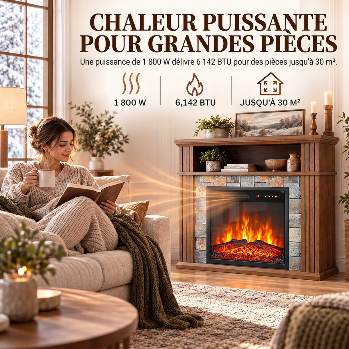 Cheminée Électrique 1800 W, Effet Flamme LED Réaliste, Compartiment Ouvert, 5 Niveaux de Luminosité, Manteau, Marron-4