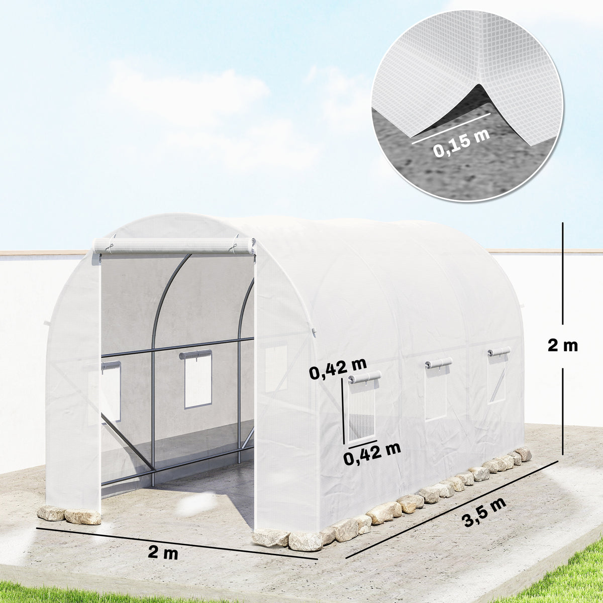 Serre tunnel de jardin 7m², serre de jardin tunnel avec porte et 6 fenêtres, bâche PE 140 g/m² 350 x 200 x 200 cm blanc-2