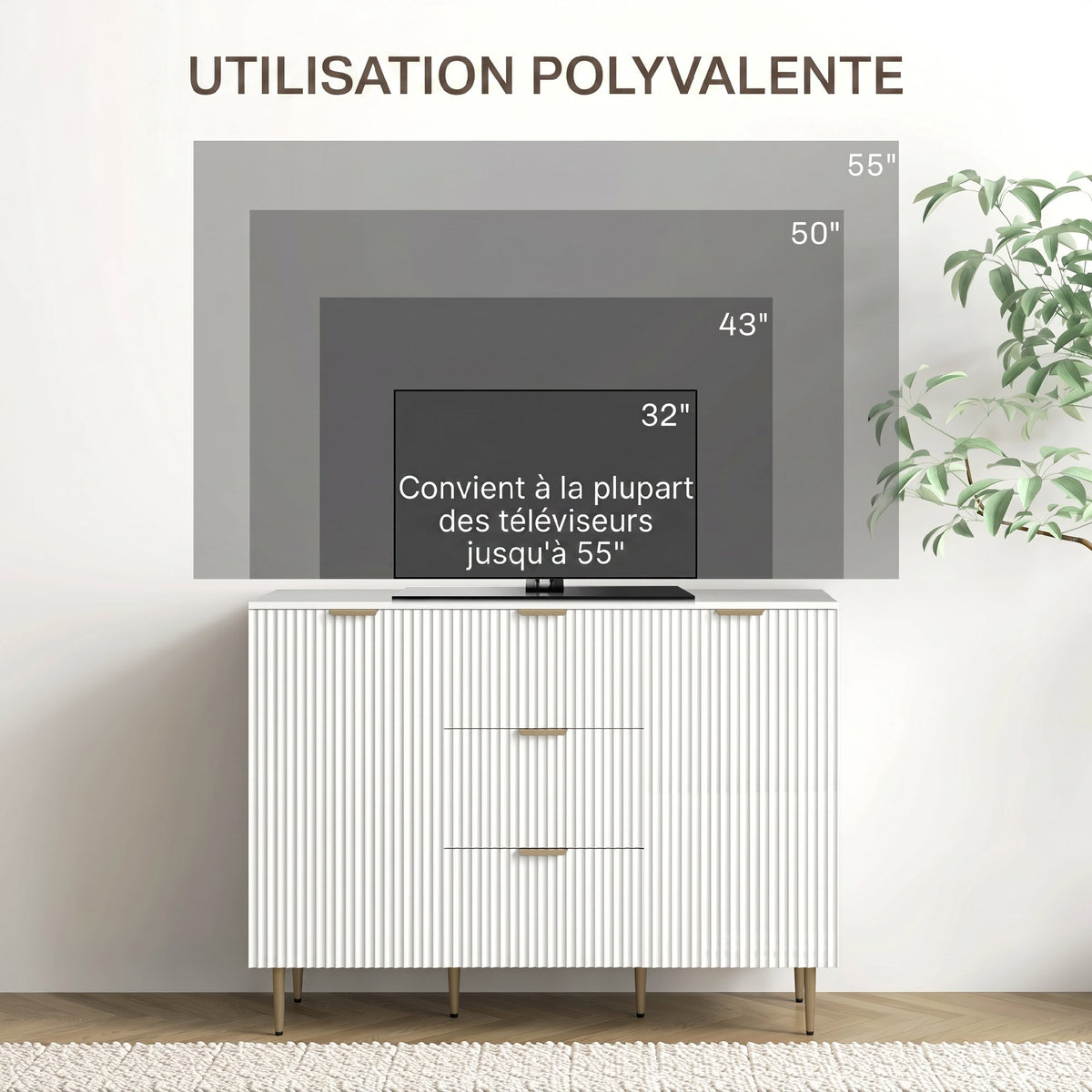 Buffet meuble cuisine rangement avec 3 tiroirs, étagères réglables, placards à portes cannelées, 120 x 40 x 90 cm, blanc-5