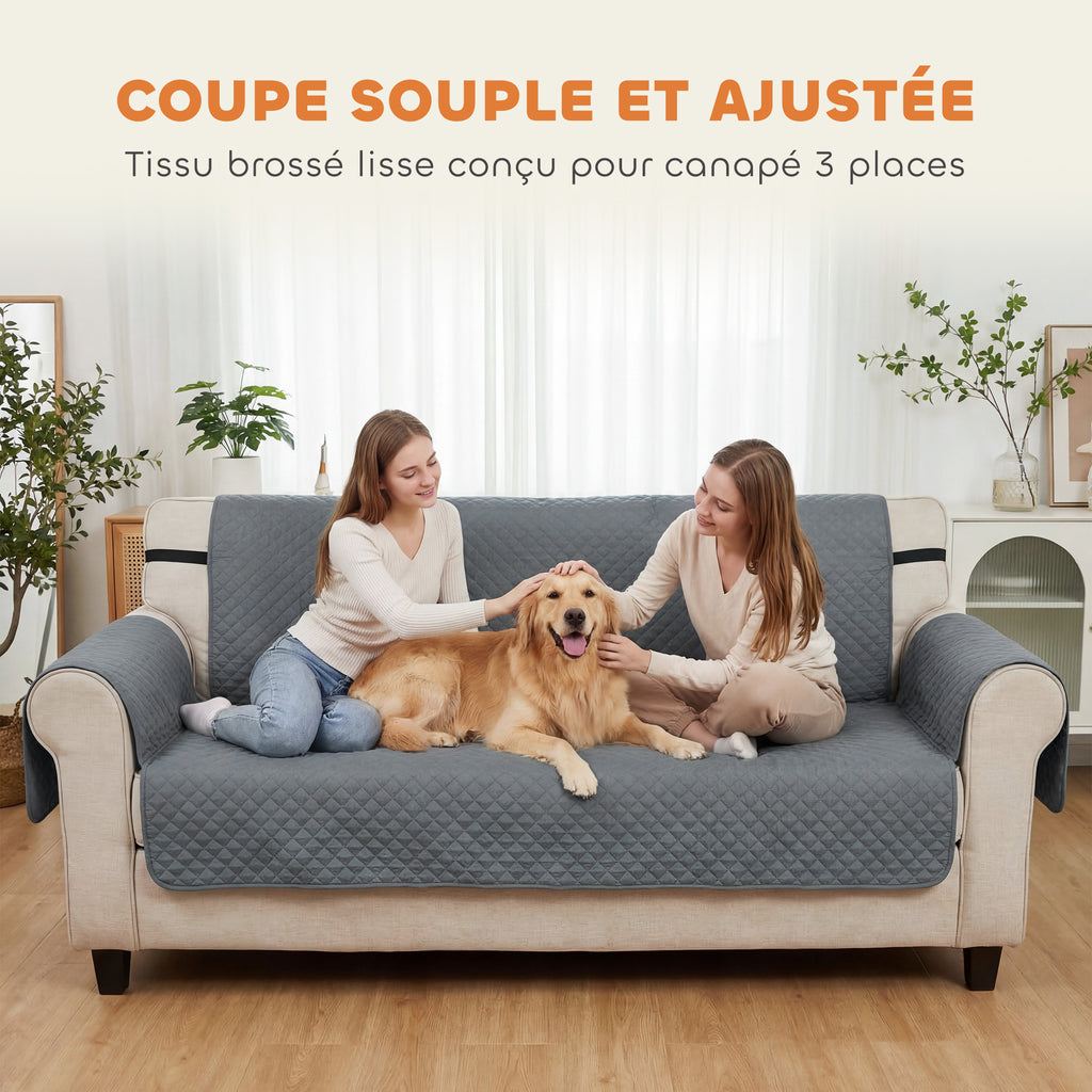 Housse de Canapé Protecteur de Meubles 3 Places Imperméable Anti-glisse avec Poches de Rangement Gris-6