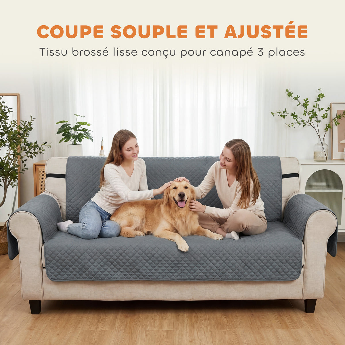 Housse de Canapé Protecteur de Meubles 3 Places Imperméable Anti-glisse avec Poches de Rangement Gris-6