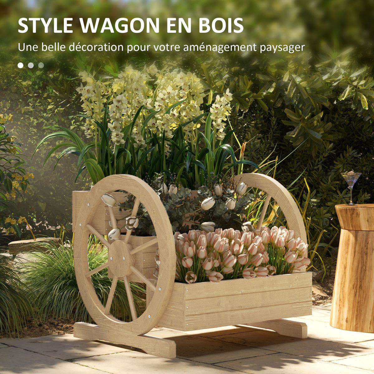 Jardinière sur Pieds carré Potager 3 étages avec 2 roues Charrette Bois Sapin, dim. 62L x 61l x 57H cm-3