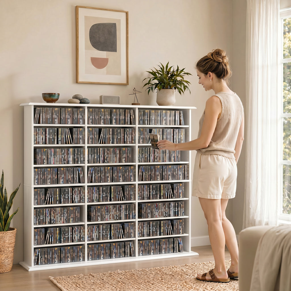 Meuble de rangement 1032 CDs / 594 DVDs, étagère multimédia, 24 compartiments et 18 étagères ajustables, blanc-7