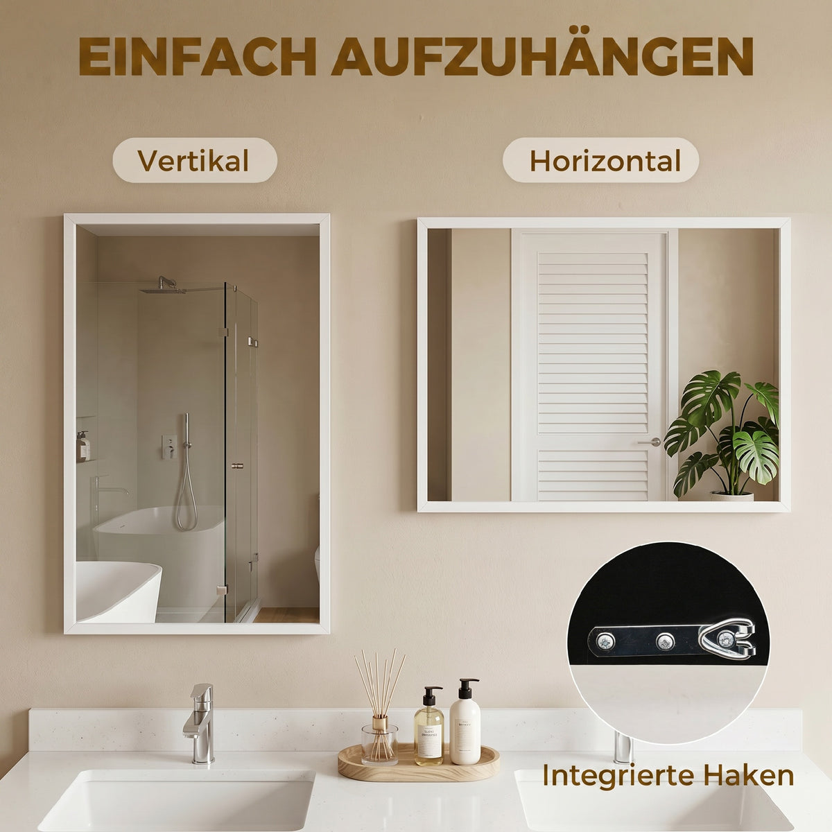 Miroir mural rectangulaire 50 x 70 cm, cadre en bois blanc, idéal pour la salle de bain, salon ou chambre-4