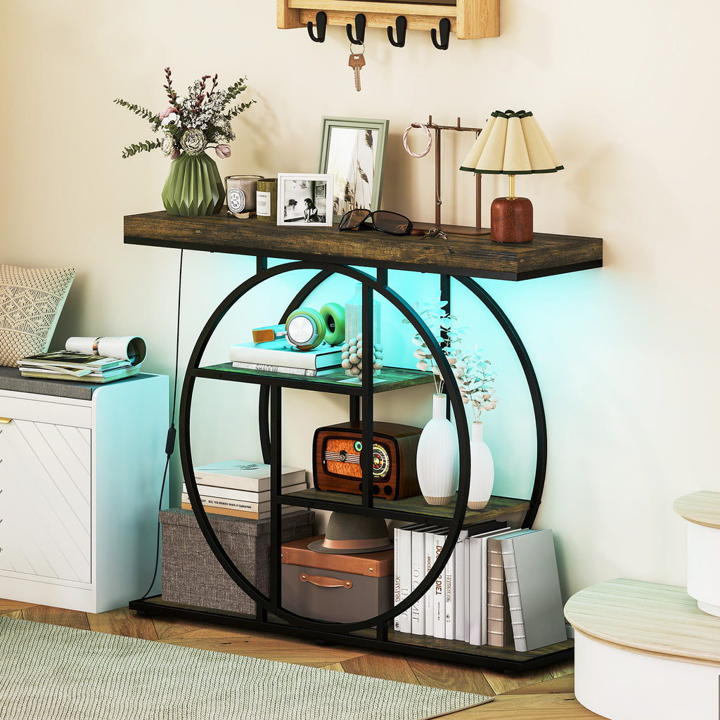 Console meuble avec éclairage LED 100 cm, table console à 4 niveaux avec étagères ouvertes, marron rustique et noir-9