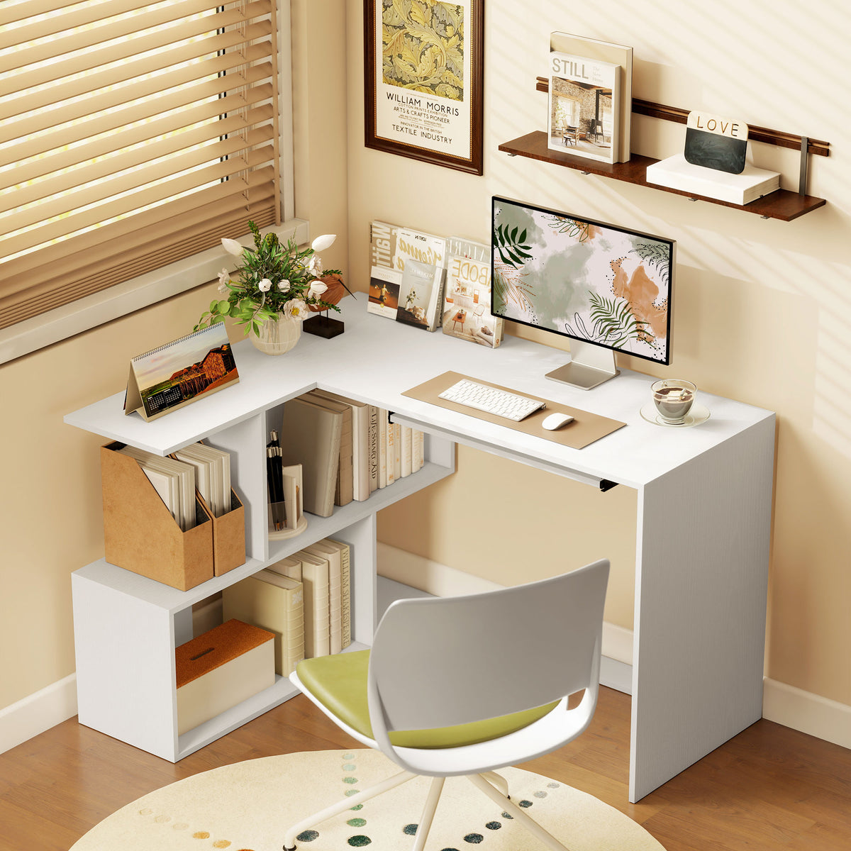 Bureau d'angle bureau en L avec étagères de rangement, plateau à clavier coulissant, 120x100x76cm, blanc-9