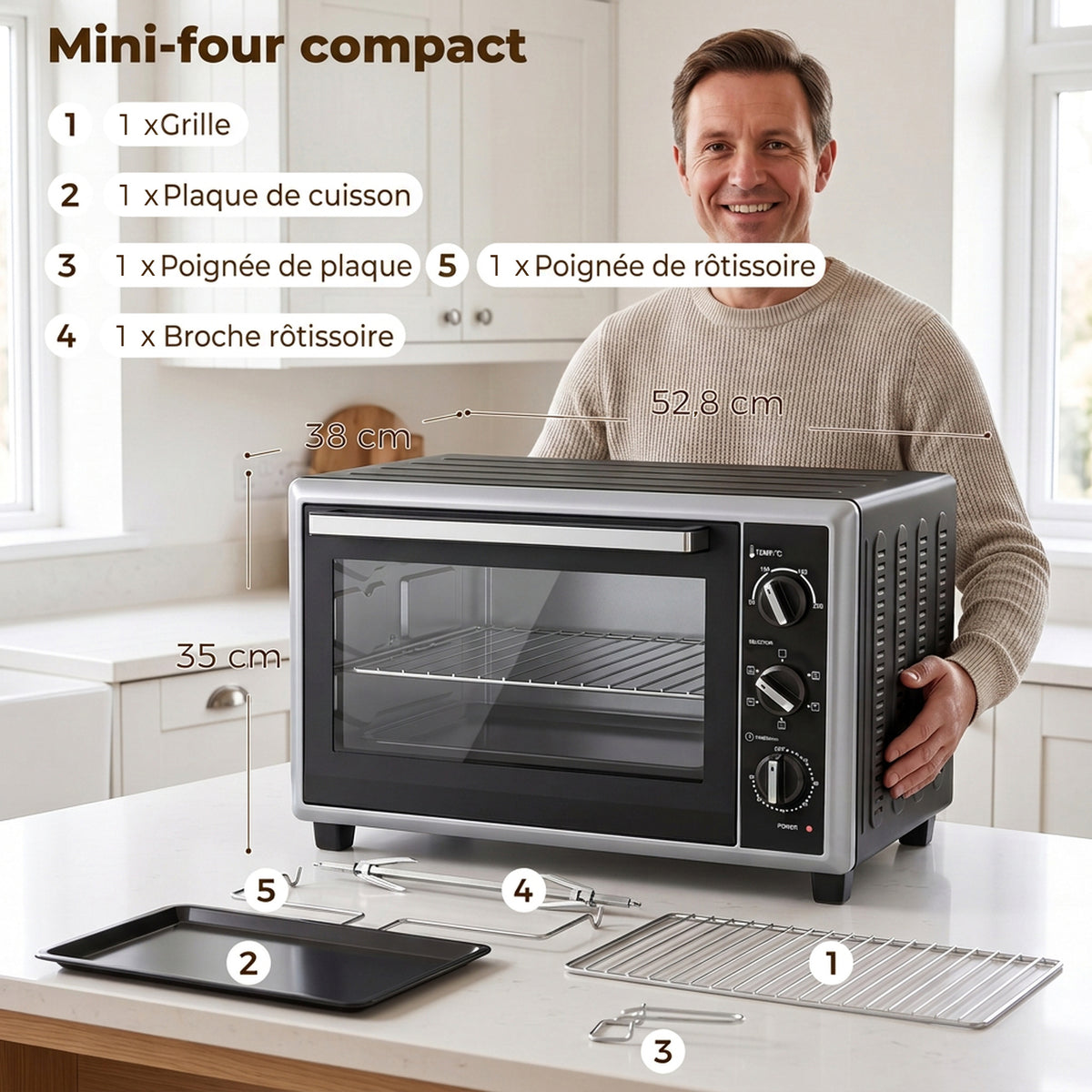 Mini-Four Électrique avec Broche Rotative 32L 1500W, Four à Convection Multifonction, Chaleur Tournante, Minuterie, Noir-2