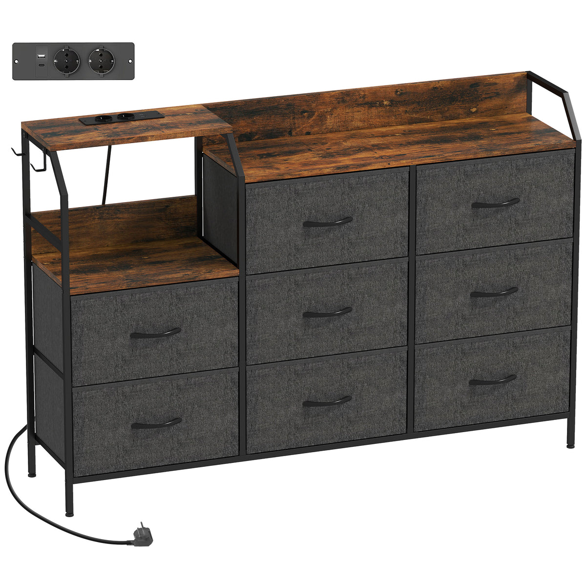 Commode, meuble de rangement avec station de recharge, 8 tiroirs en tissu, étagère ouverte, 130,5x30x88cm, marron-0