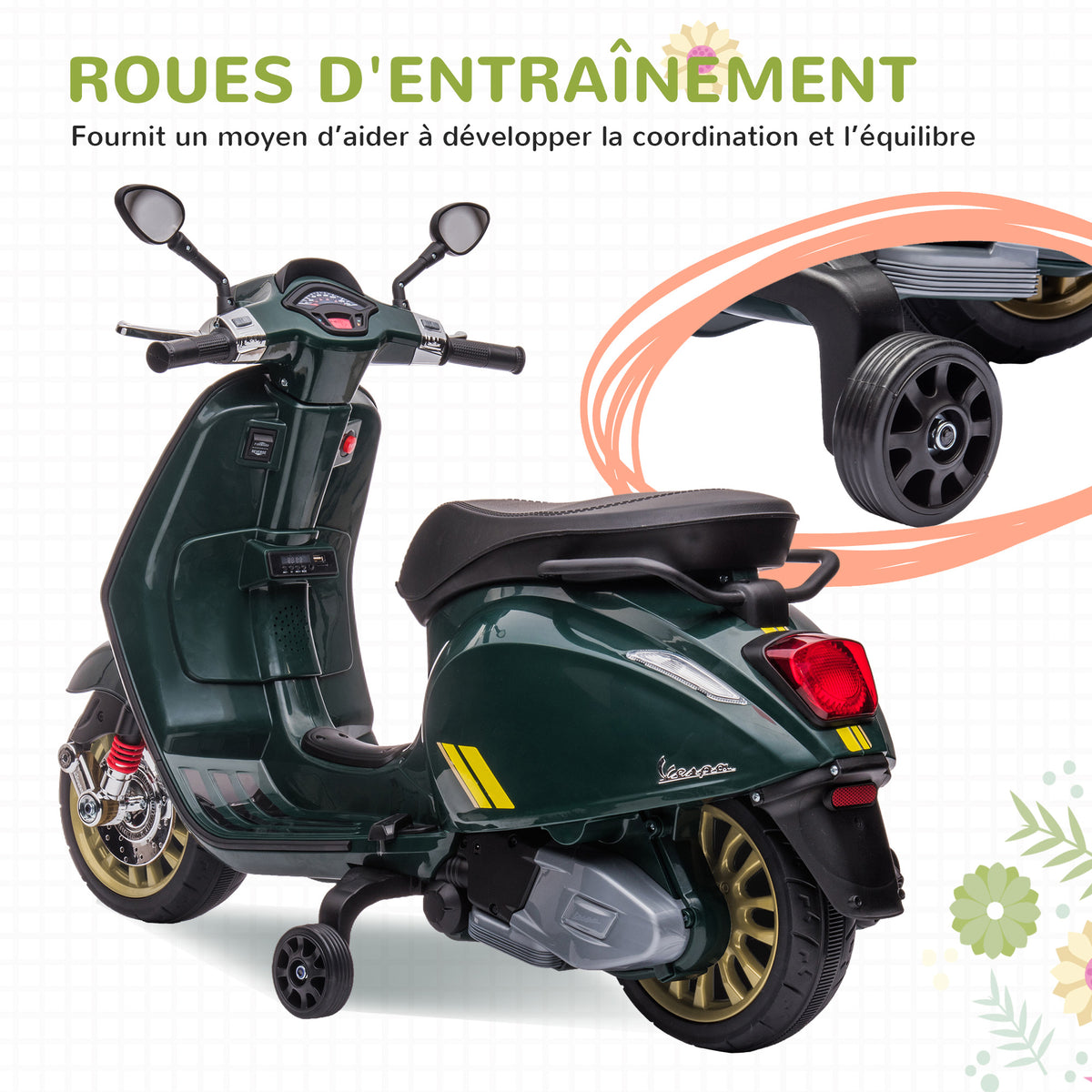 Scooter électrique enfant Vespa 6 V dim. 107L x 47l x 73H cm Musique MP3 Port USB Phare 2 roues d'entraînement - Vert-5