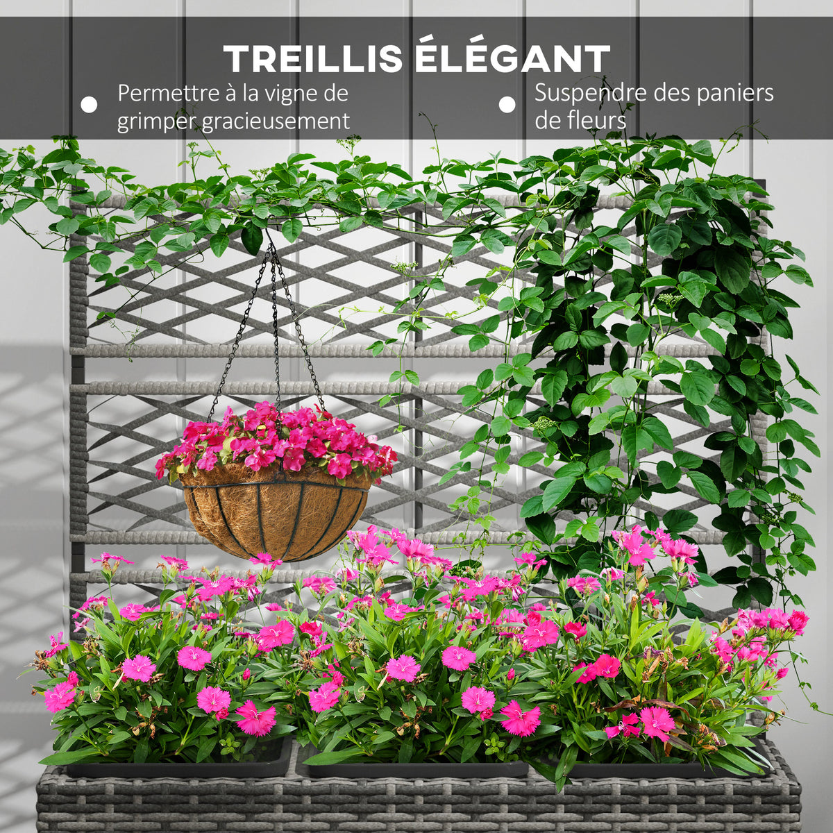 Jardinière pour plantes avec treillis 3 bacs à plante 33L en résine tressée et acier dim. 84L x 30L x 107H cm-5