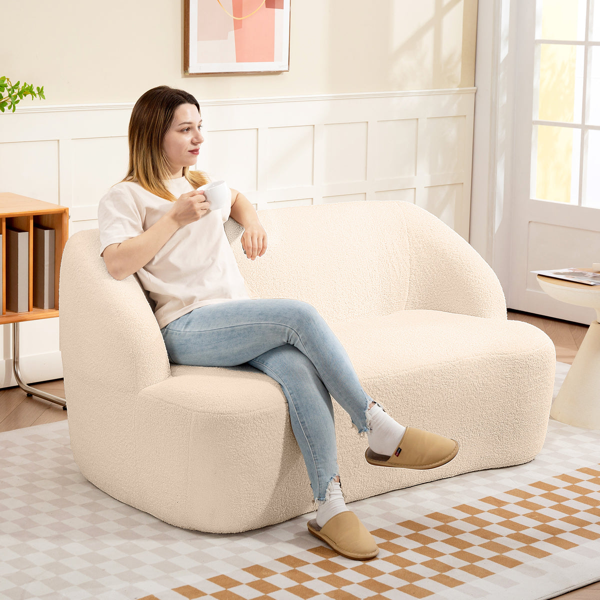 Canapé 2 places canapé en tissu bouclette 142 cm avec dossier et assise incurvés, aucun assemblage requis, beige-1