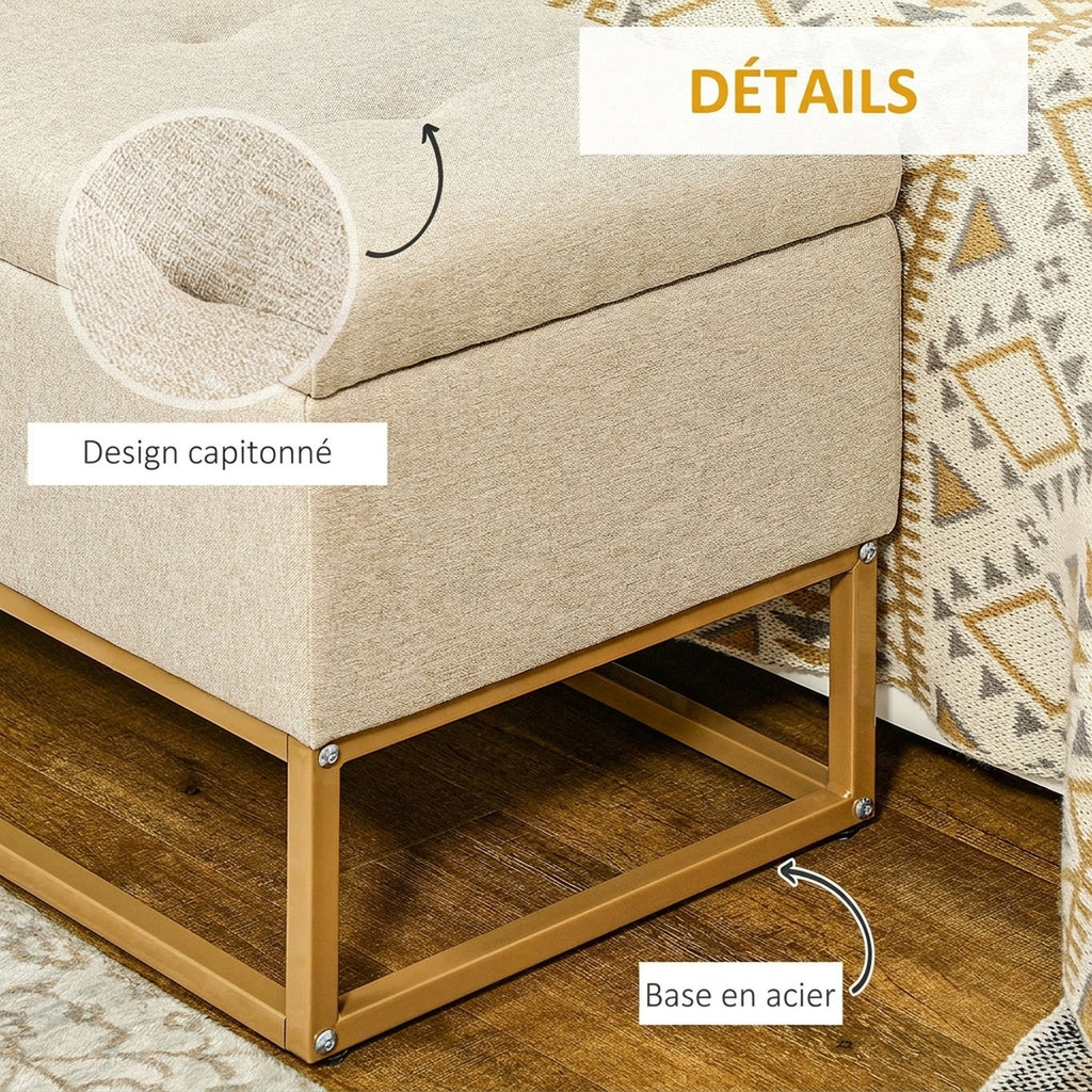Banc banquette coffre de rangement 2 en 1 assise capitonnée et pieds acier 110 x 44 x 48 cm beige et doré-5