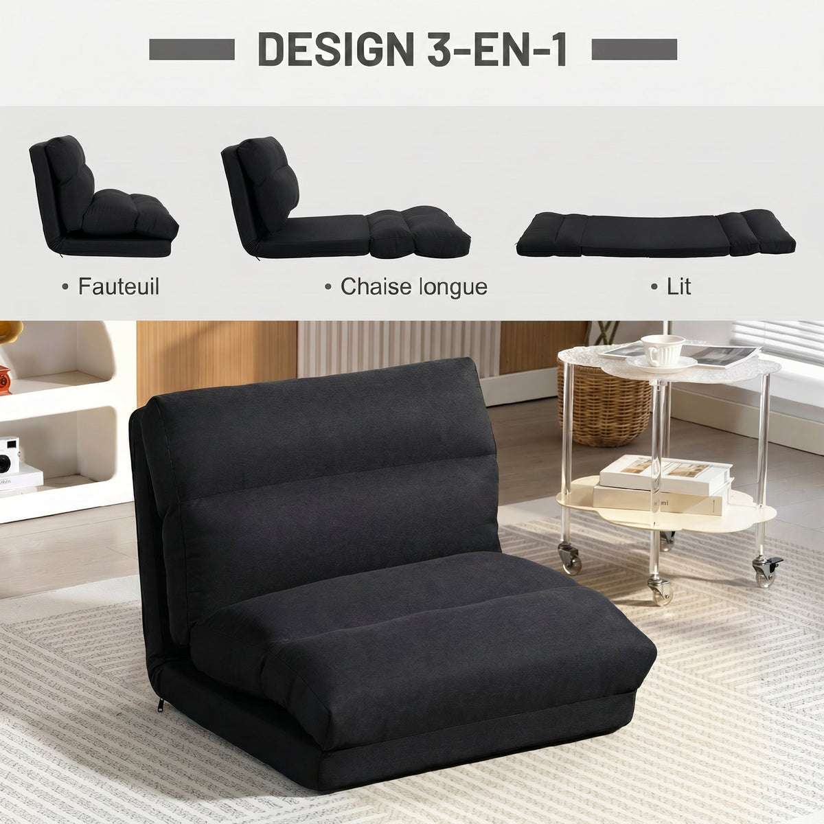 Fauteuil de sol canapé paresseux fauteuil convertible en lit inclinable 90° à 180° tissu - 70 x 72 x 56 cm - noir-3