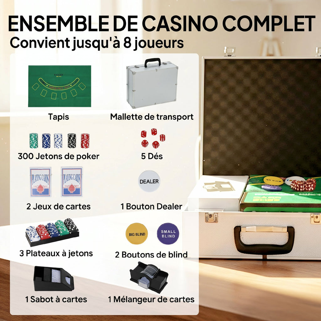 Mallette de Poker Coffret de Poker Complet 300 Jetons, Cartes à Jouer, Dés, Dealer, Tapis, Clés, Boîtier en ABS, Argent-3