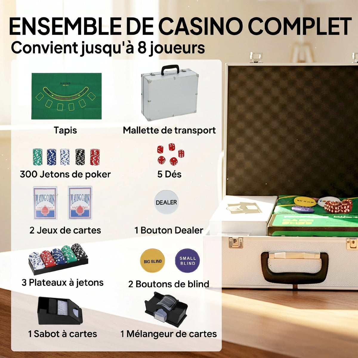 Mallette de Poker Coffret de Poker Complet 300 Jetons, Cartes à Jouer, Dés, Dealer, Tapis, Clés, Boîtier en ABS, Argent-3