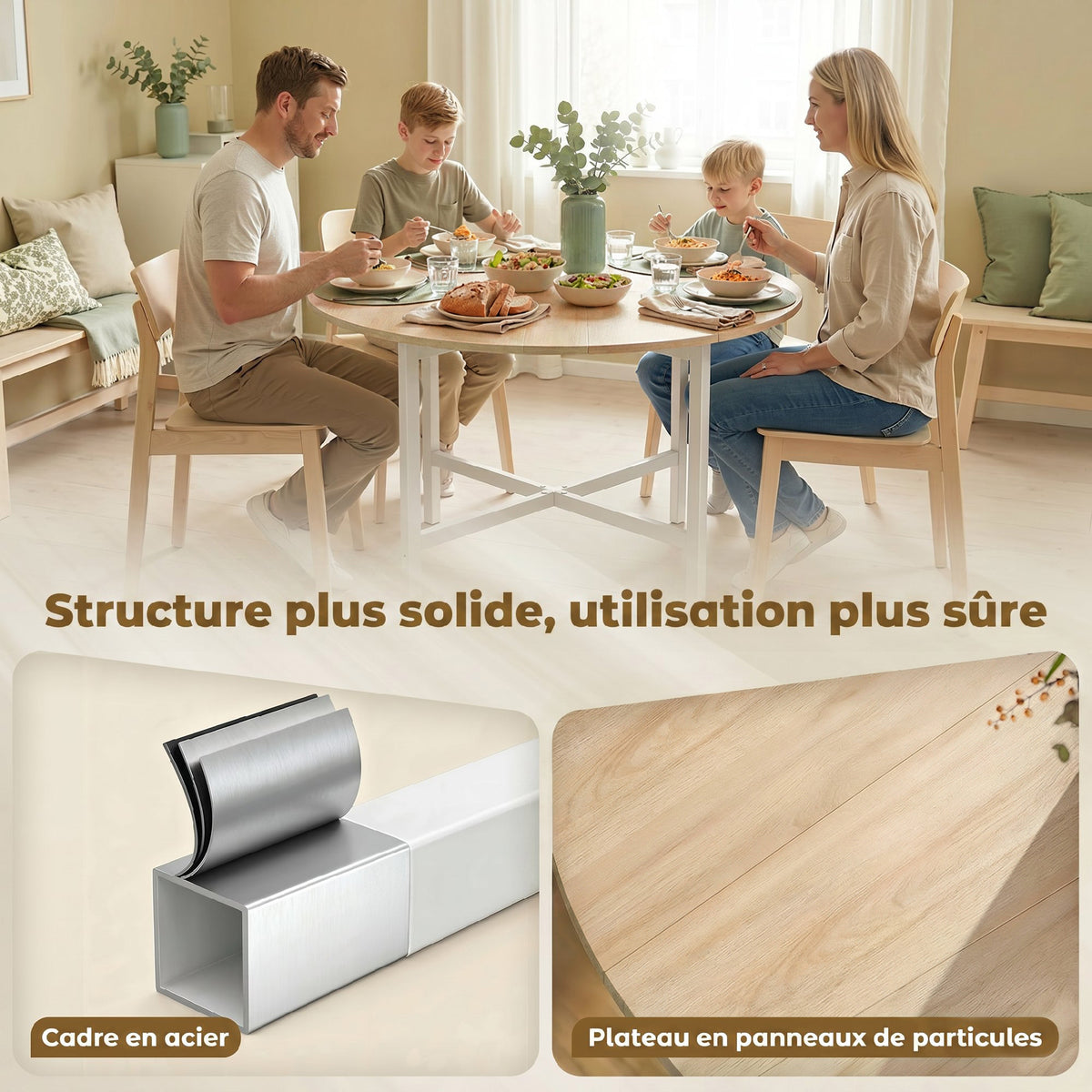 Table à manger pliante, table de cuisine ronde Ø 80 cm pour 4 personnes avec 2 abattants, pieds en acier, bois naturel-4