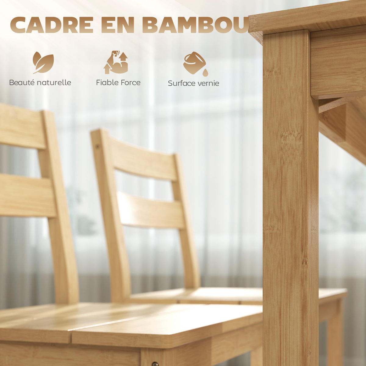 Ensemble de salle à manger en bambou, table à manger avec 2 chaises et banc pour 4 personnes, bois naturel-4