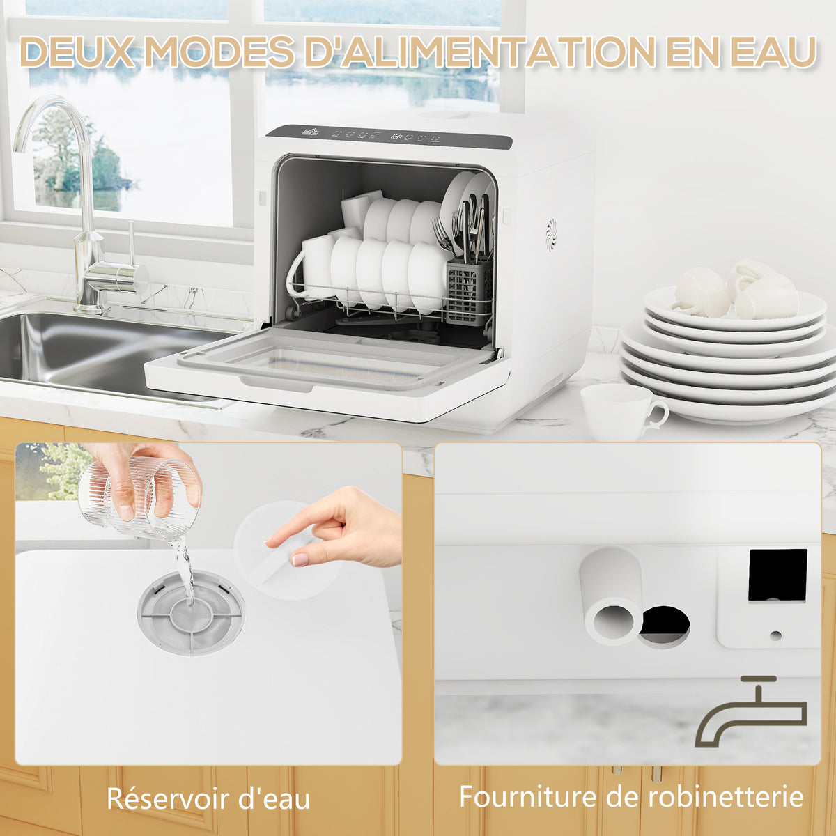 Mini lave-vaisselle compact 4 couverts, lave-vaisselle de table, 6 programmes, commandes tactiles, réservoir 6 L, blanc-5