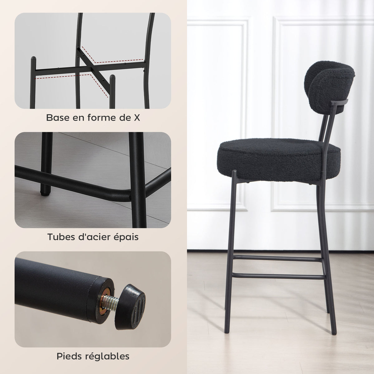 Lot de 2 tabourets de bar en tissu bouclette, chaises de bar avec dossier courbé, repose-pieds, 49x52x95cm, noir-5