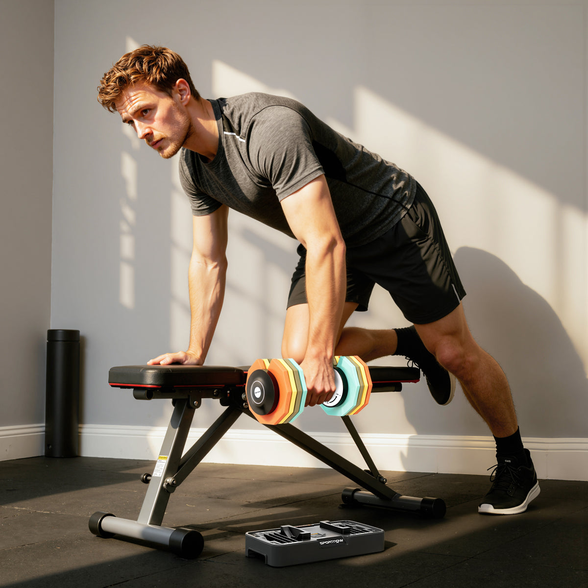 Haltère réglable 5 à 25 kg avec base de rangement 5 niveaux de poids, poignée antidérapante disques d'haltères octogones-7