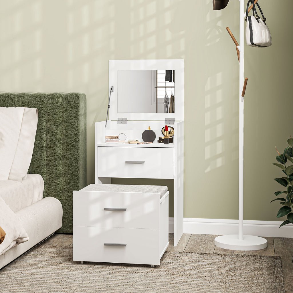 Coiffeuse avec miroir relevable et tabouret à roulettes, table de maquillage avec 2 tiroirs, coussin amovible, blanc-9