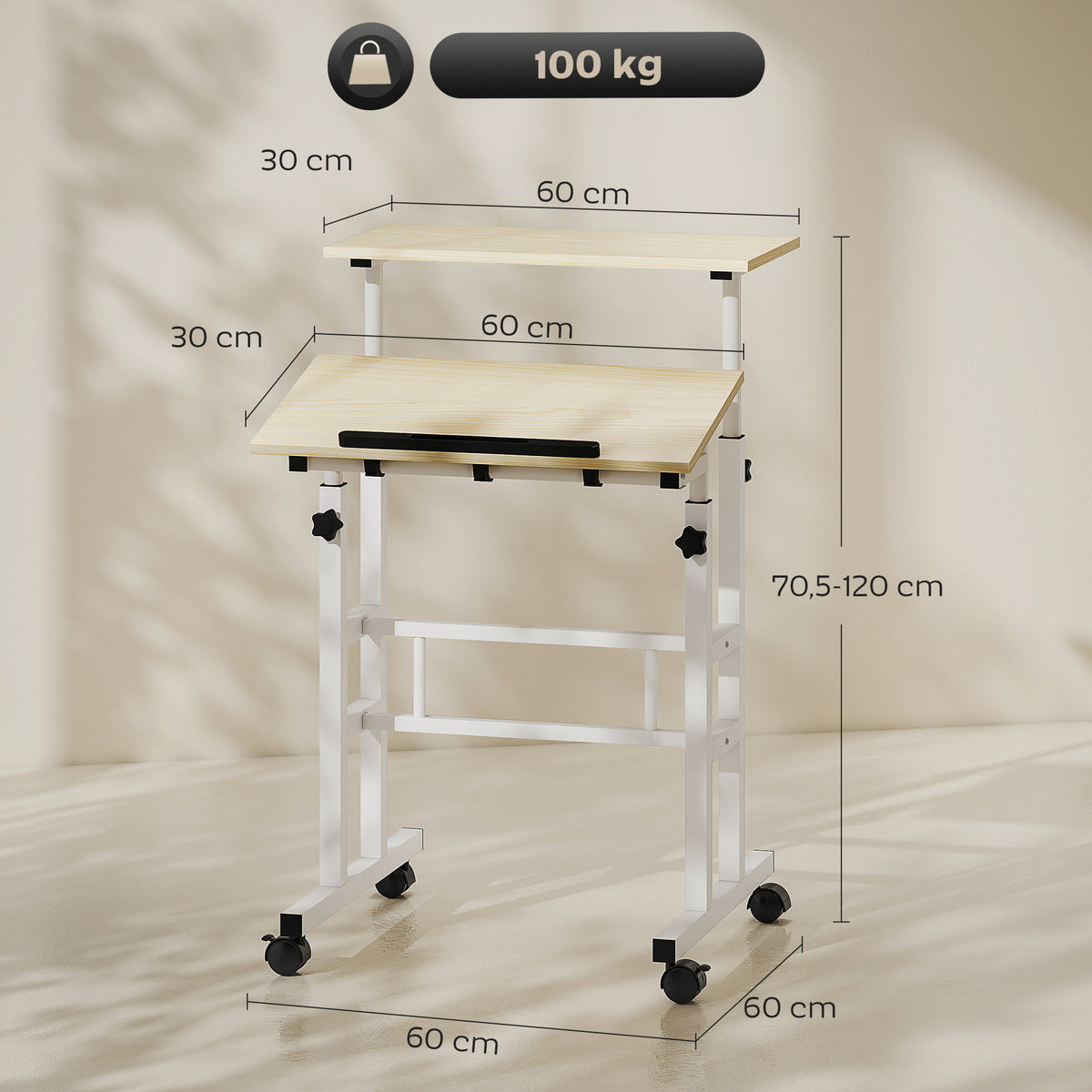 Bureau assis debout bureau réglable en hauteur 60 x 60 cm à roulettes avec plateau inclinable cadre en métal naturel-2