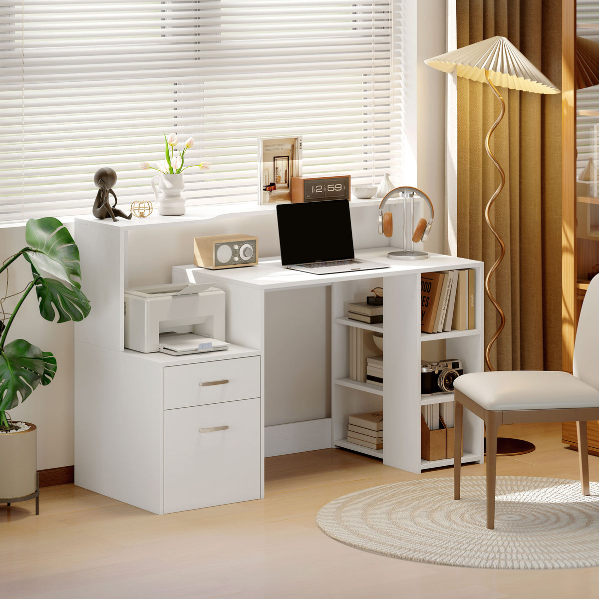 Bureau informatique, bureau avec rangement, 2 tiroirs, étagères ouvertes et tablette d'imprimante, 137x55x92cm, blanc-1