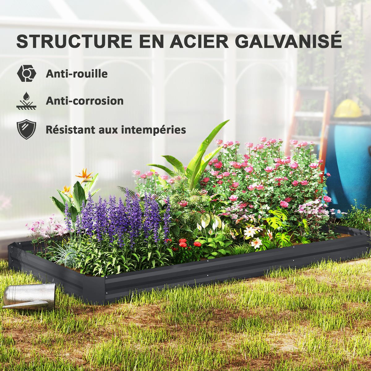 Jardinière extérieure carré potager galvanisée avec bordure de sécurité et fond ouvert 240 x 120 x 30 cm gris foncé-4