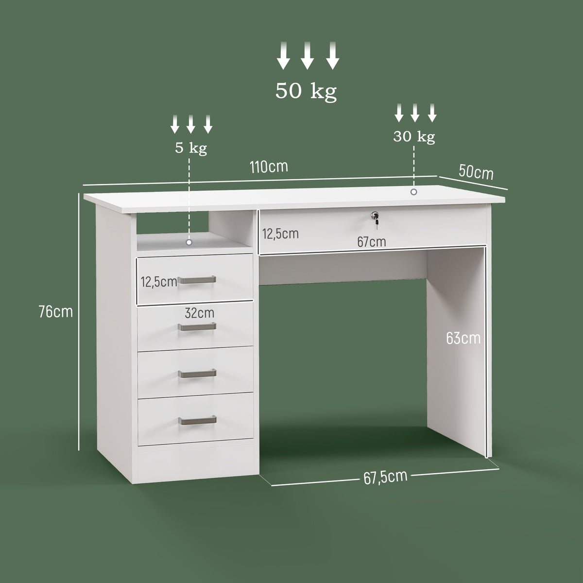 Bureau moderne avec 5 tiroirs, grand plateau, 1 compartiment ouvert, tiroir verrouillable, 110 x 50 x 76cm, blanc-2