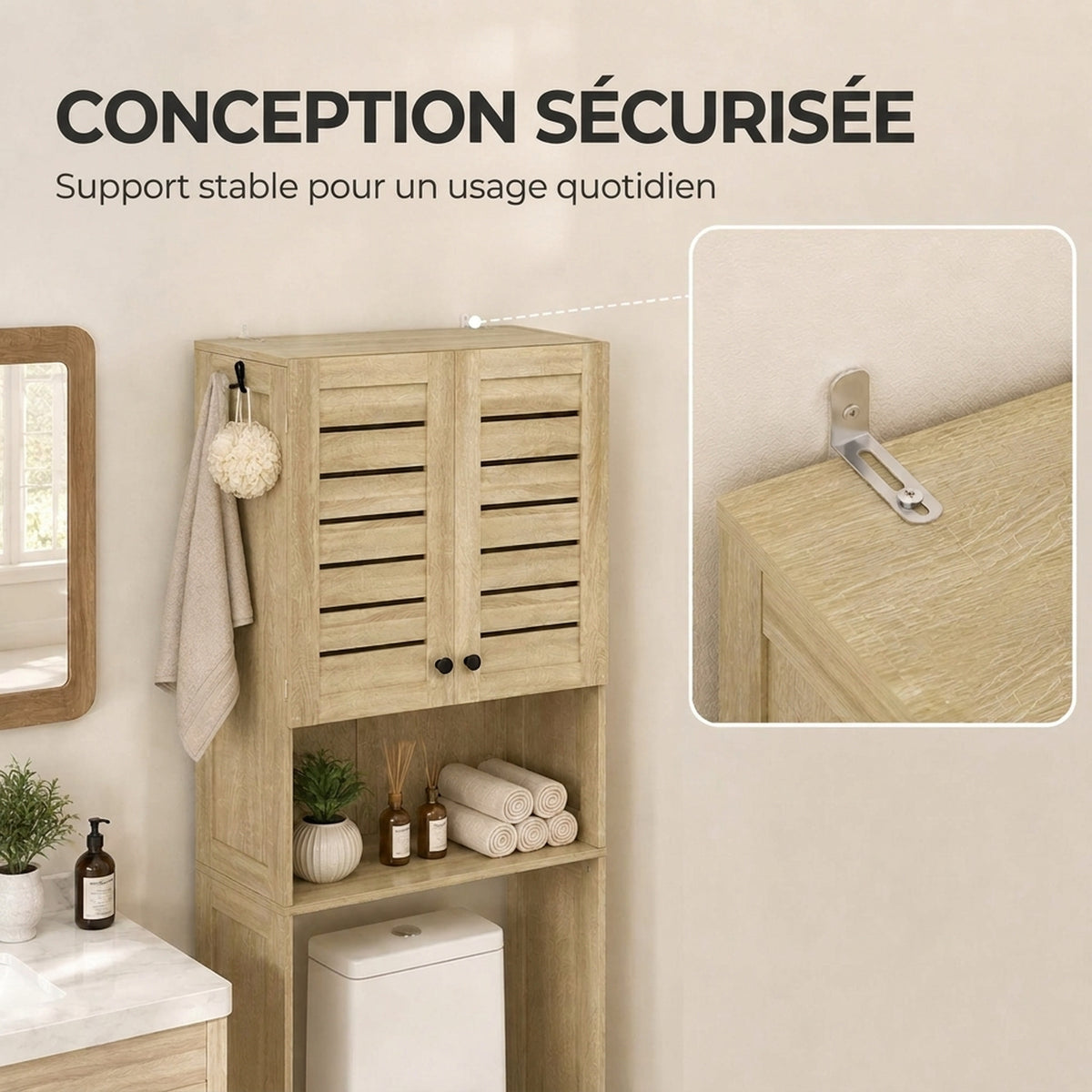 Meuble WC dessus de toilette/machine à laver avec placard à porte double, portes à persiennes, 67x31,5x190cm, chêne-5