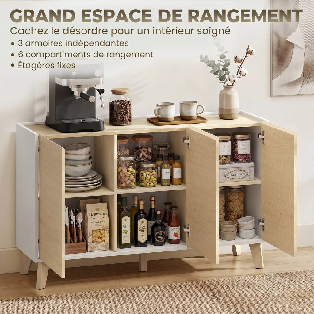 Buffet cuisine, meuble de rangement nordique, 3 portes à fermeture douce, 6 compartiments, bois naturel et blanc-4