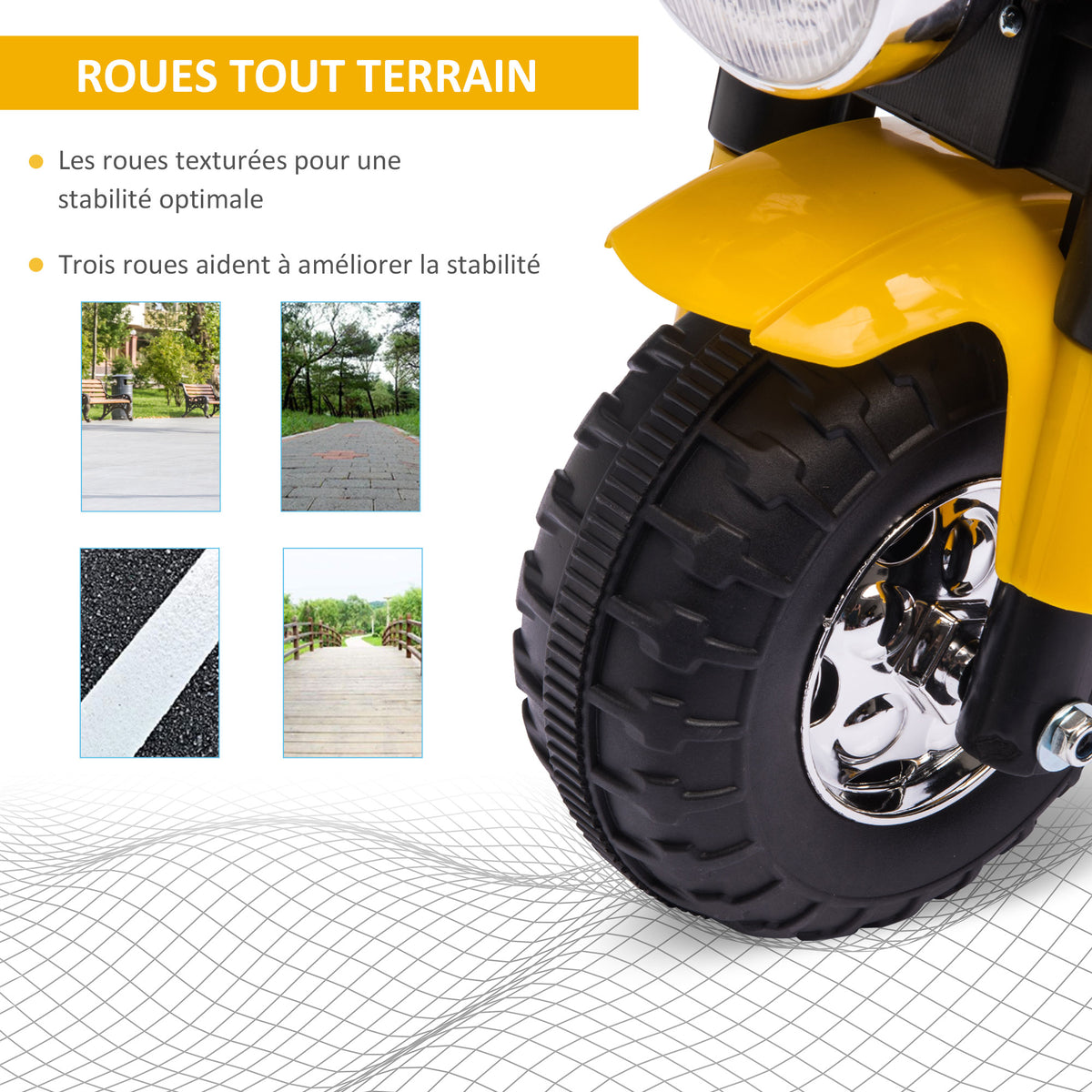 Moto électrique Enfant Chopper Tout-Terrain 6 V 20 W Marche AV AR 3 Roues Effets Lumineux et sonores Jaune Noir-5