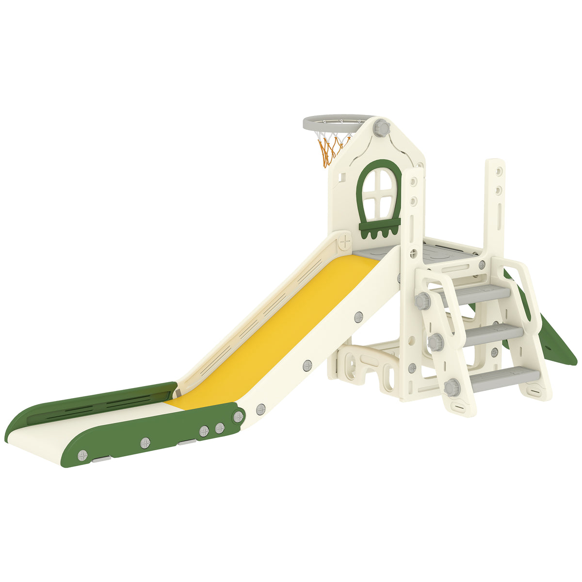 Toboggan pour Enfant Pliable 5-en-1 avec Escalade, Panier de Basket, Espace de Rangement et Ballon, Crème-0
