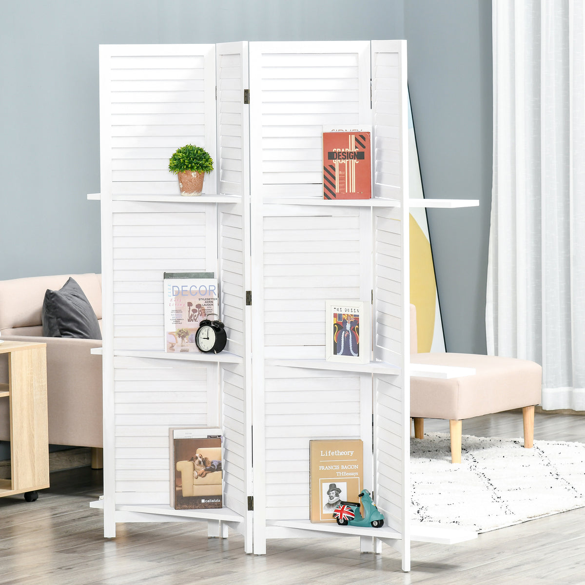 Paravent Intérieur en Bois 4 Panneaux 160 x 170 cm, Séparateur de Pièce Pliable avec 3 Étagères, Cloison de Séparation pour Salon, Chambre à Coucher, Maison, Blanc-1
