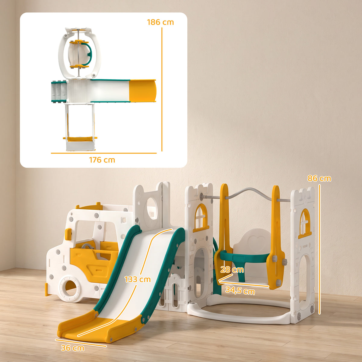 Ensemble Toboggan et Balançoire 7 en 1 pour Enfants, Aire de Jeux Intérieure, Thème Voiture, pour 1-4 Ans, Blanc-2