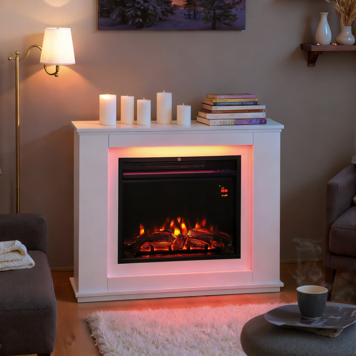 Cheminée électrique 1000W/2000W fausse cheminée effet flamme à 12 couleurs et 5 luminosités réglables 98x25x80cm blanc-1