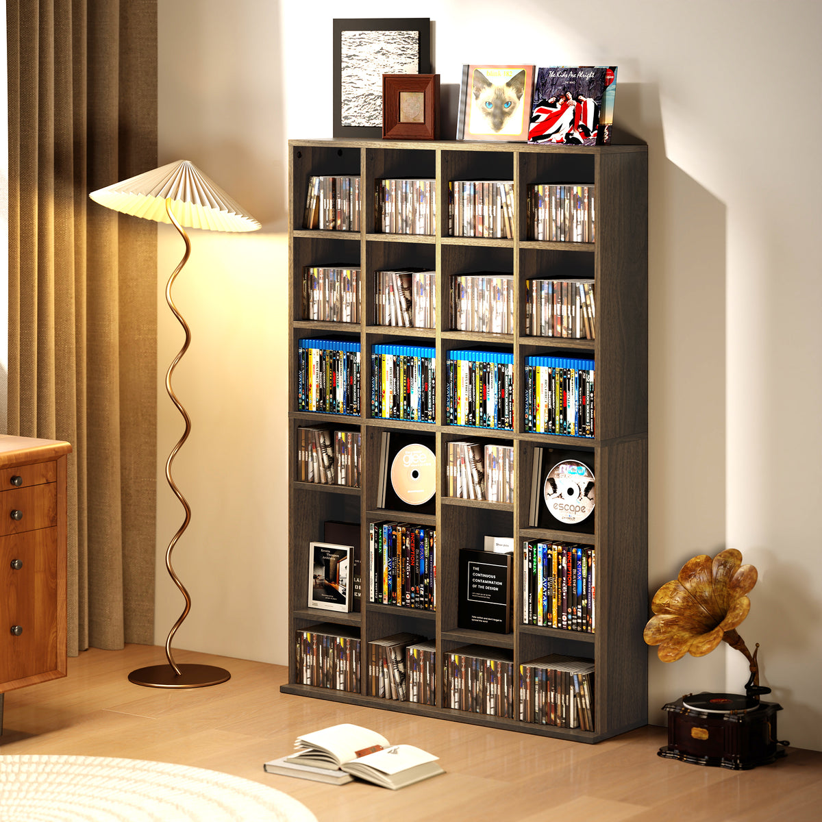 Meuble de rangement multimédia 456 CD/ 336 DVD - bibliothèque en bois avec étagères réglables, 89 x 130,5 cm, marron-8