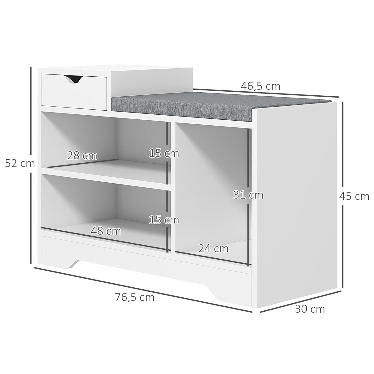 Meuble et banc à chaussures 1 tiroir et 3 compartiments, capacité 5 paires MDF, 76,5L x 30D x 52H cm-2