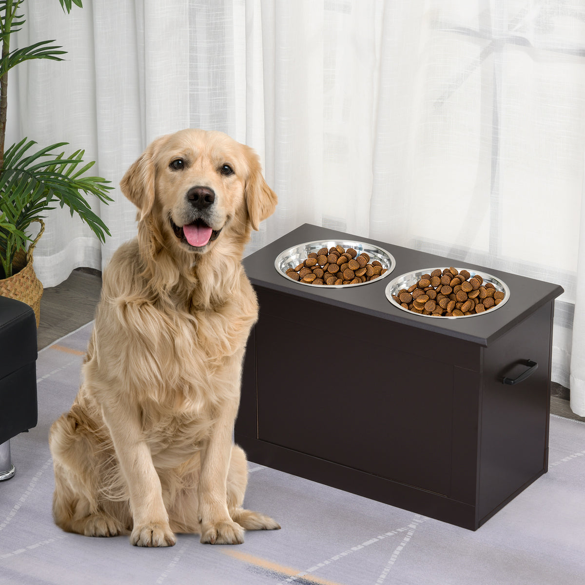Gamelles chiens surélevées gamelle double chien chat Porte-gamelles surélevé 60L x 30l x 41H cm bois chocolat-1