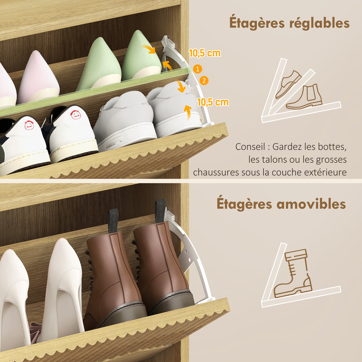 Meuble à chaussures 12 paires, armoire à chaussures étroite, 2 tiroirs rabattables étagères réglables, 60x24x92cm, chêne-5