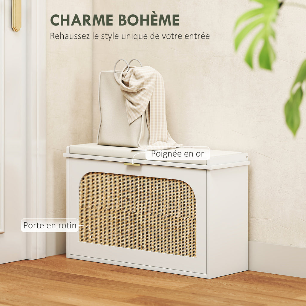 Banc à chaussures, banc de rangement, assise rembourrée, tiroir rabattable, porte en rotin, 80 x 26 x 47,5 cm, blanc-3