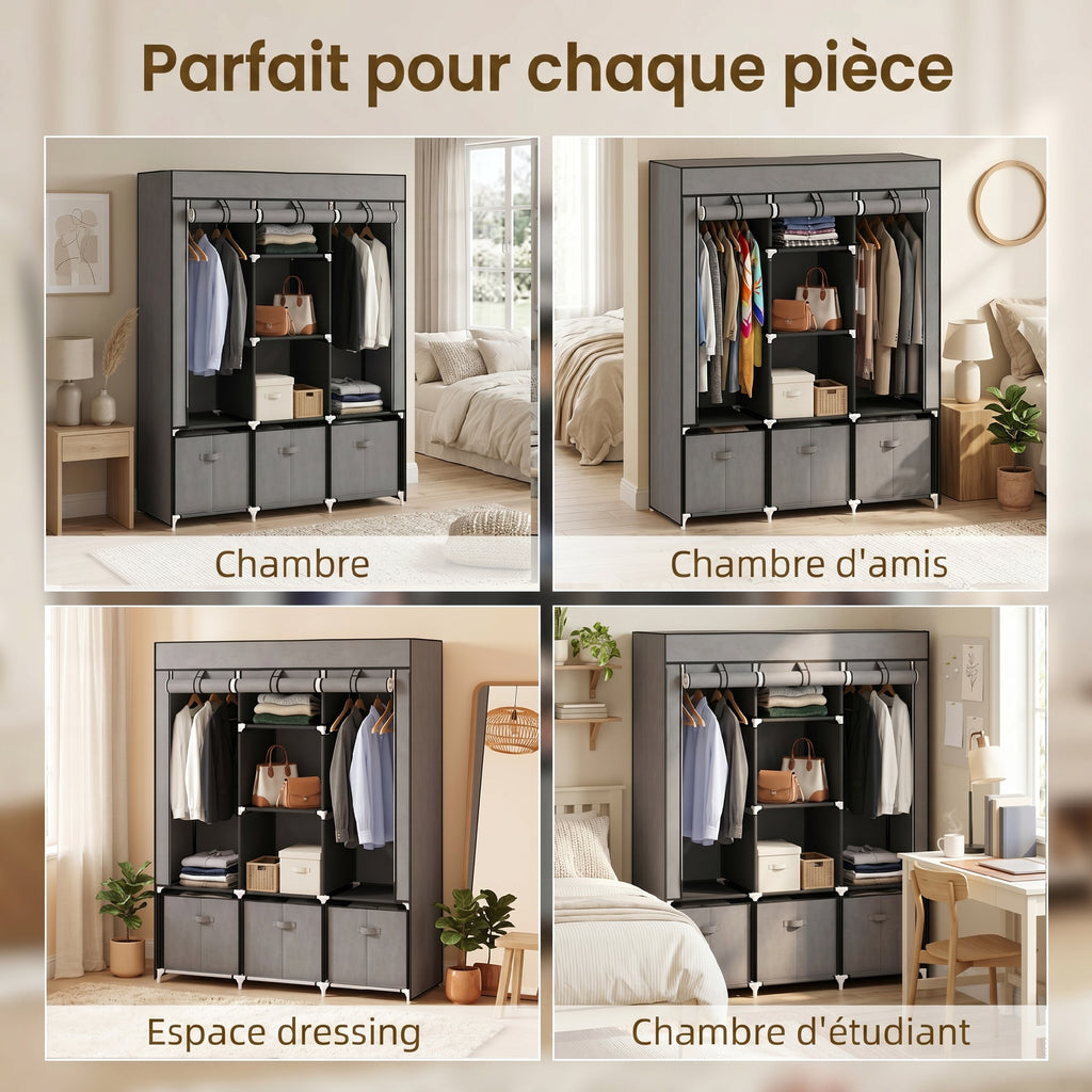 Armoire de rangement en tissu pliable avec 5 étagères, 2 tringles et 3 tiroirs en tissu 125L x 43l x 162.5H cm-5