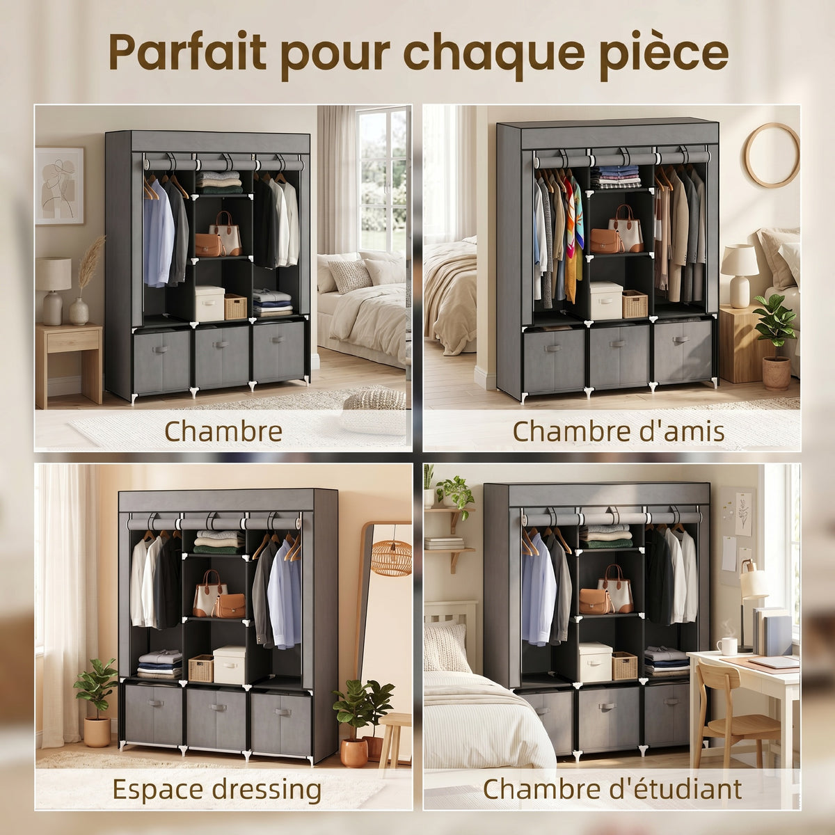 Armoire de rangement en tissu pliable avec 5 étagères, 2 tringles et 3 tiroirs en tissu 125L x 43l x 162.5H cm-5