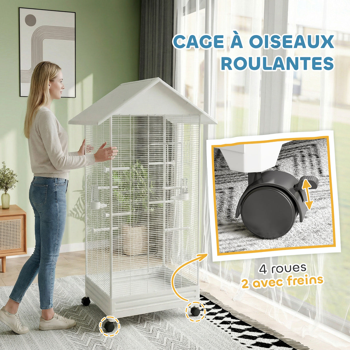 Cage oiseau sur pied volière oiseaux intérieure sur roulettes 2 mangeoires 8 perchoirs 79 x 65 x 155 cm fil d'acier blanc-6